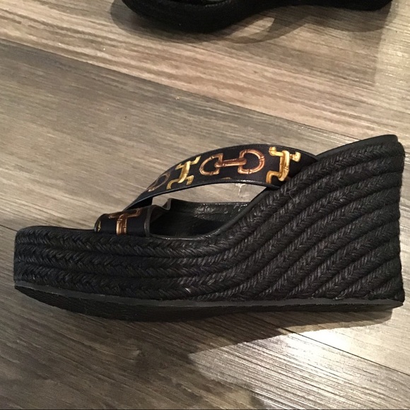 Gucci Bamboo Horsebit Pattern Black Wedges - 9 - Picture 6 of 7